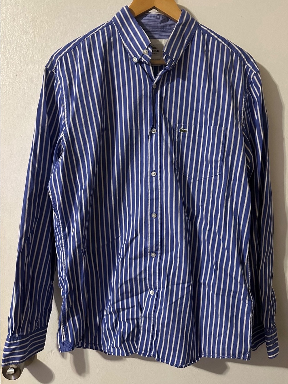 Lacoste Men's Blue and White Vertical Stripe Button-Down Shirt Long Sleeve 40